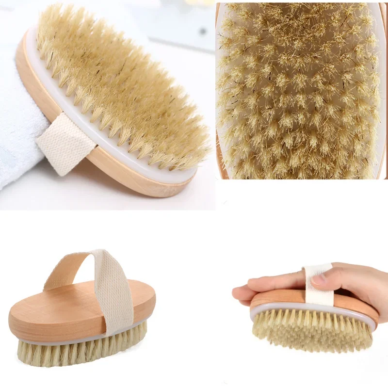 Wet Dry Skin Body Brush Natural Pig Bristles Dry Skin Exfoliating Body Massage Cleaning SPA Tool For Cellulite Lymphatic Drainag 5