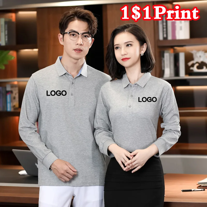 

High quality cotton long sleeved polo with custom printed logo for business casual men and women's logo design embroidery