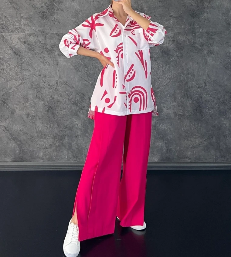 Pants Set Women 2 Piece New Casual Fashion Leisure Long Sleeved Printed Shirt and Loose High Waisted Split Wide Leg Pants Set