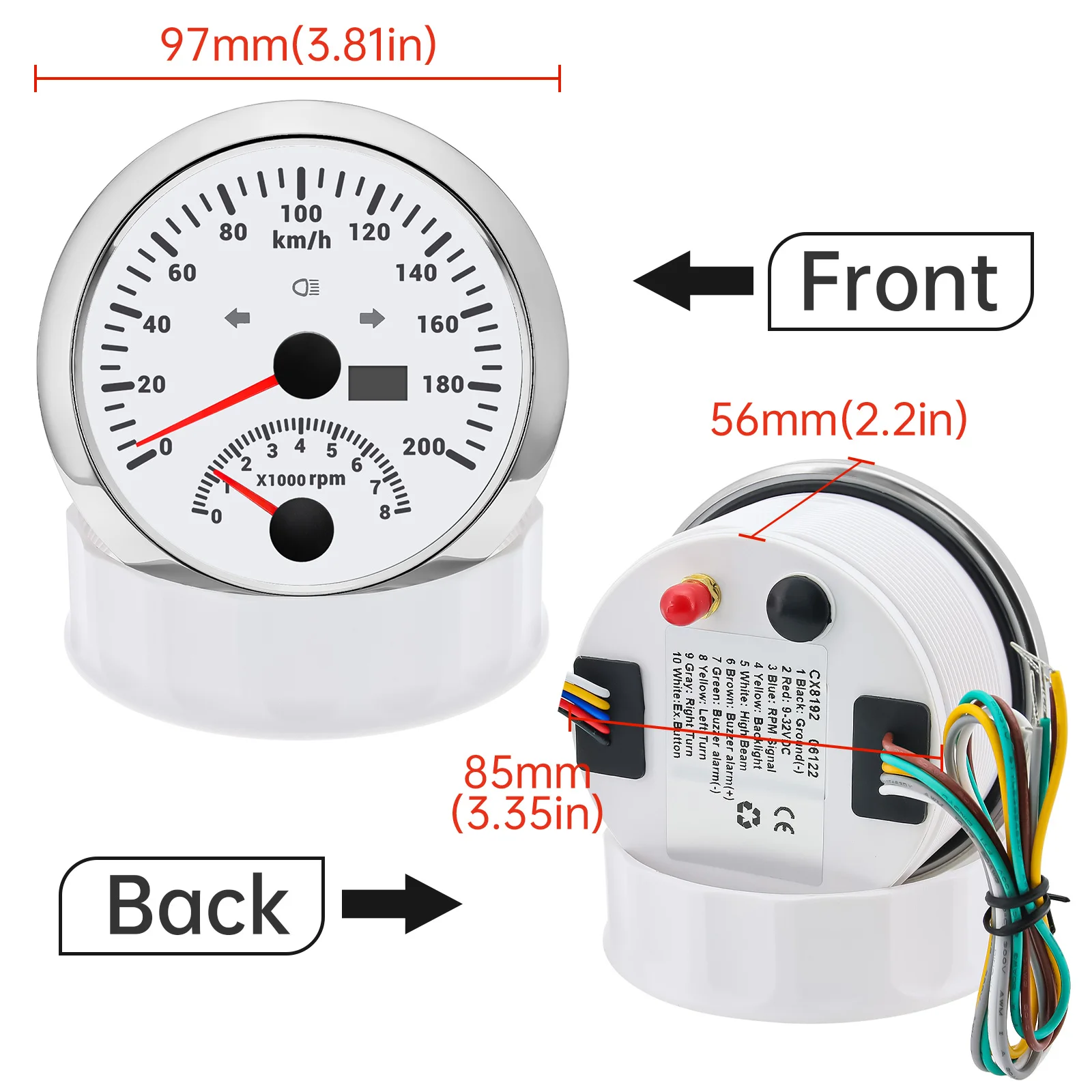 Digitale Snelheidsmeter, 85mm GPS Snelheidsmeter 0-125 MPH 0-200 MPH Toerenteller Links Rechts OverSpeed ​​Zoemer Alarm Kilometerteller met GPS Antenne Lange Levensduur En Multifuncties(125KM BN