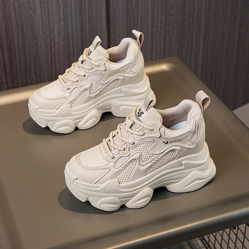 

Autumn New Women's Genuine Leather Dad Shoes 8cm Inner Height Thick Sole Versatile Casual Sports Sneakers Zapatos Para Mujeres
