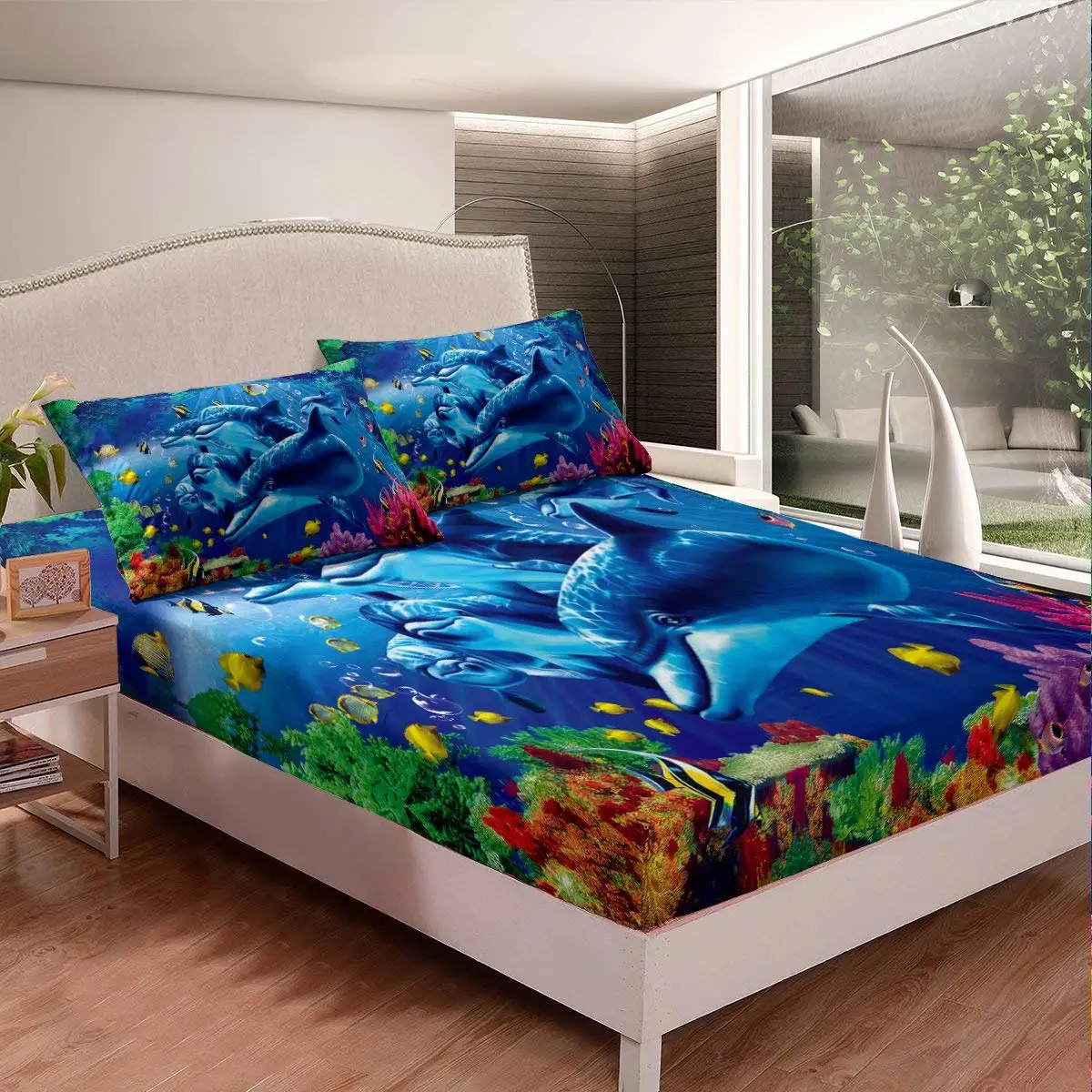 

Dolphin Fitted Sheet Colorful Fish Bed Cover Seaweed Reef Sheet Set, Underwater World Bedding Set Sealife Themed Bedspread