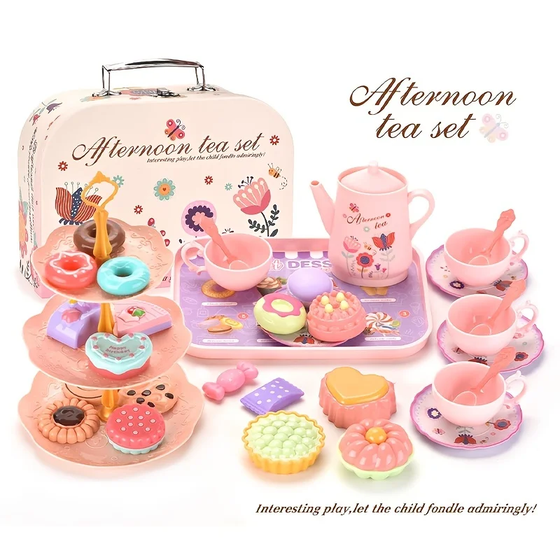 Tea Party Set for Little Girls Flower Tea Set Toys for Toddler Kids Kitchen Pretend Play Toys with Dessert Cake Christmas Gifts