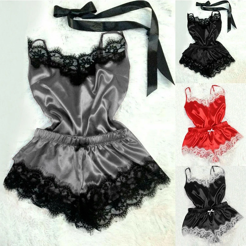 

Women Lace Sleepwear Set Sexy Sleeveless Nightdress Stain Shorts Pajamas Nightwear Female Exotic Lingerie Sleepwear