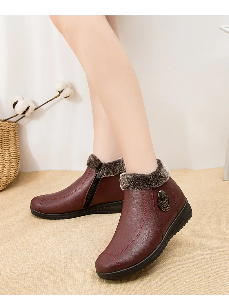 2025 Top Quality Mom Leather Ankle Boots Women Non-slip Winter Fur Snow Boots Female Wedge Oxford Sneakers Womens Winter Shoes