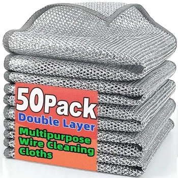 1/50pcs Strofinaccio magico Filo d'argento Pulizia Panno da cucina Addensato Asciugamano in microfibra Spugna incorporata Filo di acciaio Palla Straccio 1