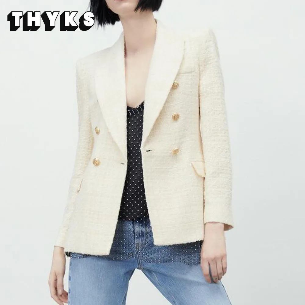 

Women Jacket Spring 2022 Fashion Double Breasted Tweed Blazer Coat Vintage Long Sleeve Female Outerwear Chic White Top Traf