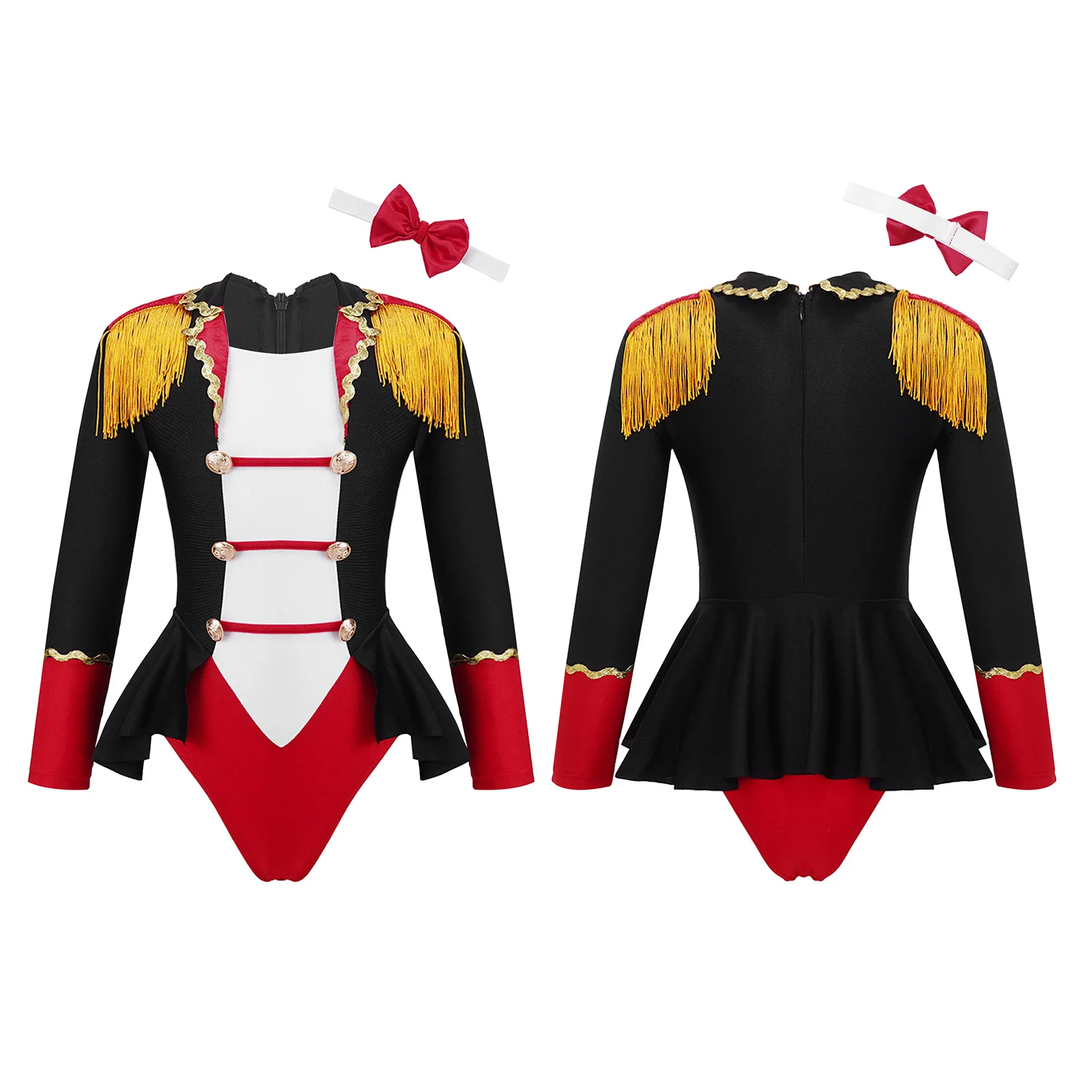 

Kids Girls Circus Ringmaster Master Cosplay Costume Tassel Buttons Adorned Gymnastics Leotard Festival Dance Jumpsuit with Tie