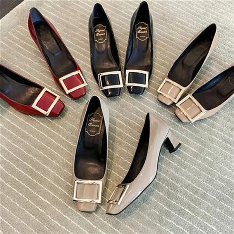 

European and American Square Buckle French High Heels Women's 2023 Autumn Square Toe Mid-heel Pumps Women's Shoes
