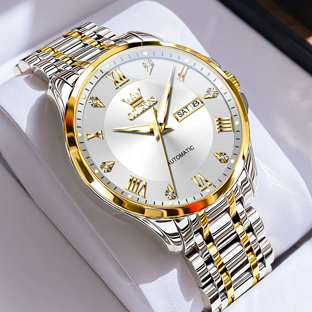 OLEVS 6702 Original Top Brand Gold Watch for Men Waterproof Mechanical Movement Luminous Stainless Steel Mans Wristwatch New