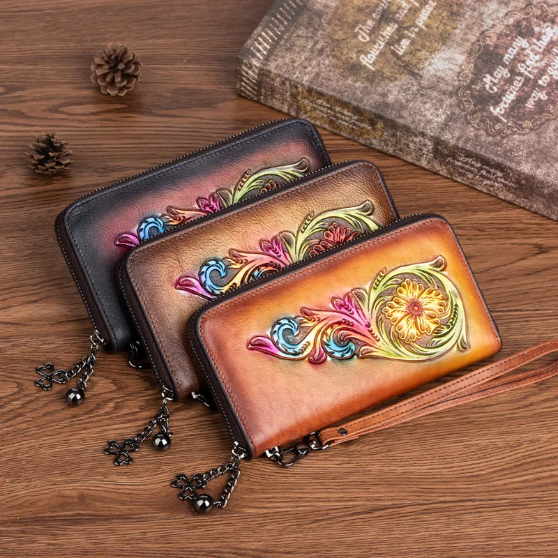 Luxury Flower Wallet Unisex Women Men Purse Genuine Leather Handbag Brown  Coffee Clutch 2023 Fashion Vintage Long Zipper Bag - AliExpress