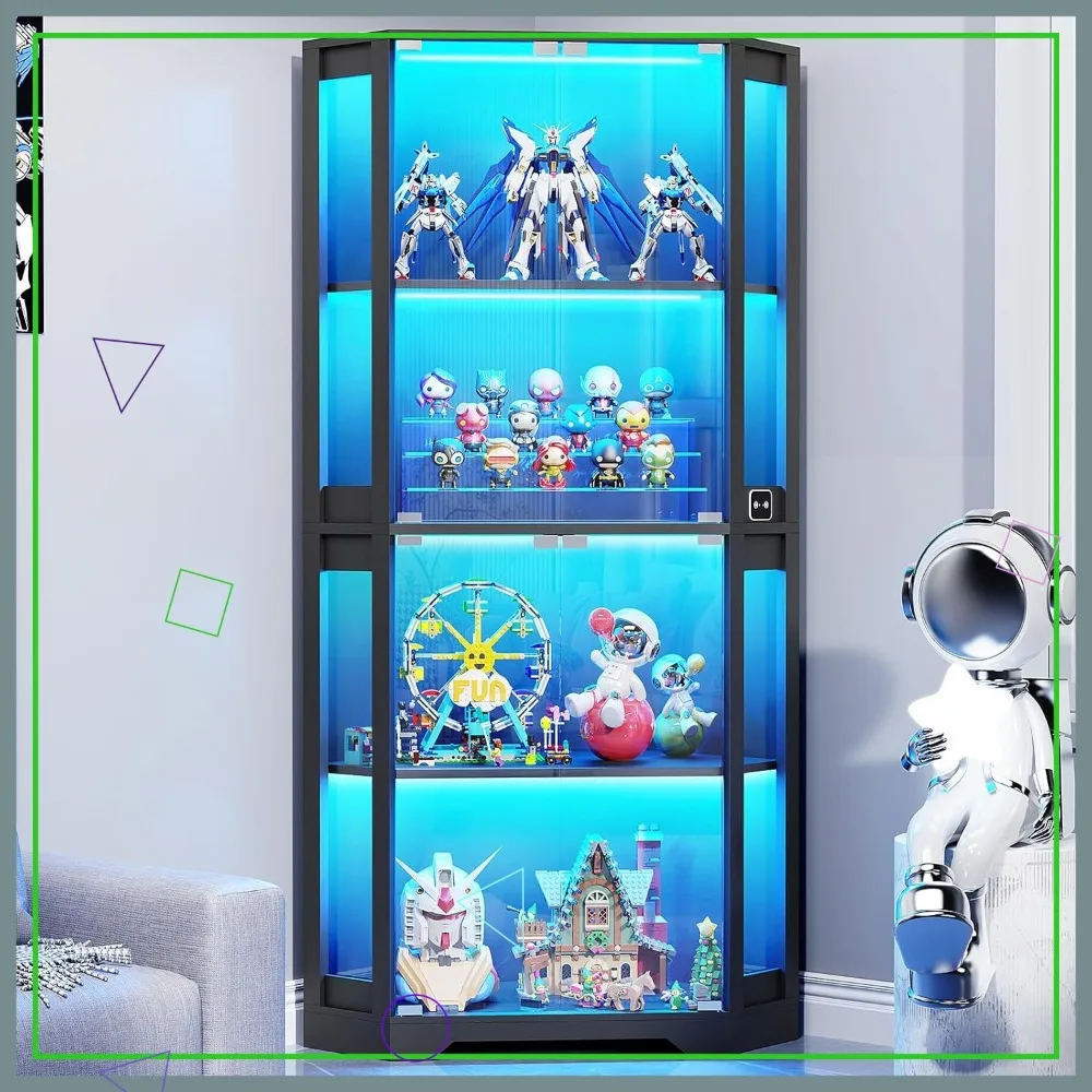 65" Corner Display Cabinet LED Lights Motion Sensor Glass Door Curio Case Collectibles Books China Black