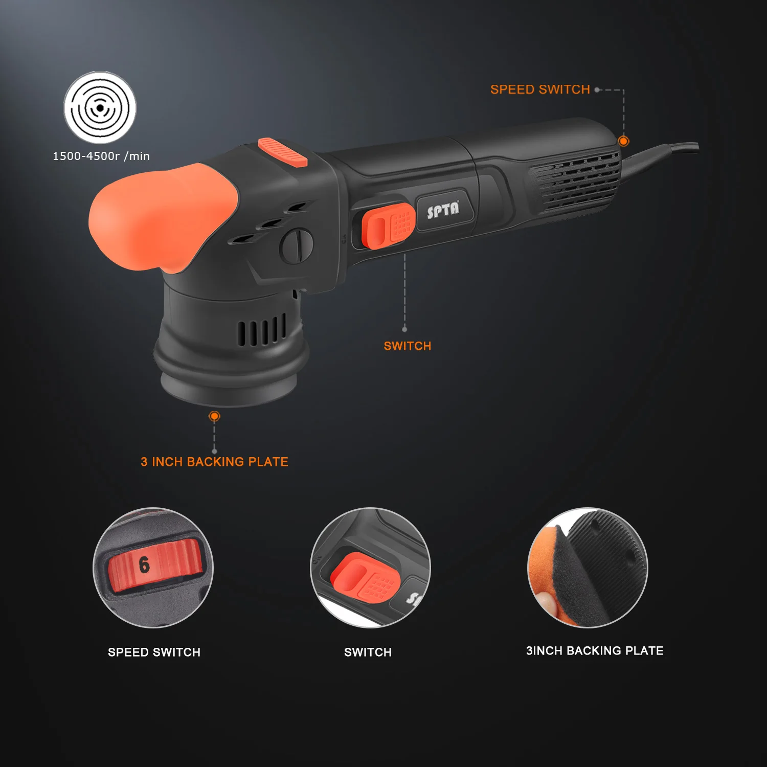 SPTA CP302 3" Forced Dual Action Polisher 6 Speed Adjustable Polishing Tool 8MM Orbit ing Machine For Car Detailing