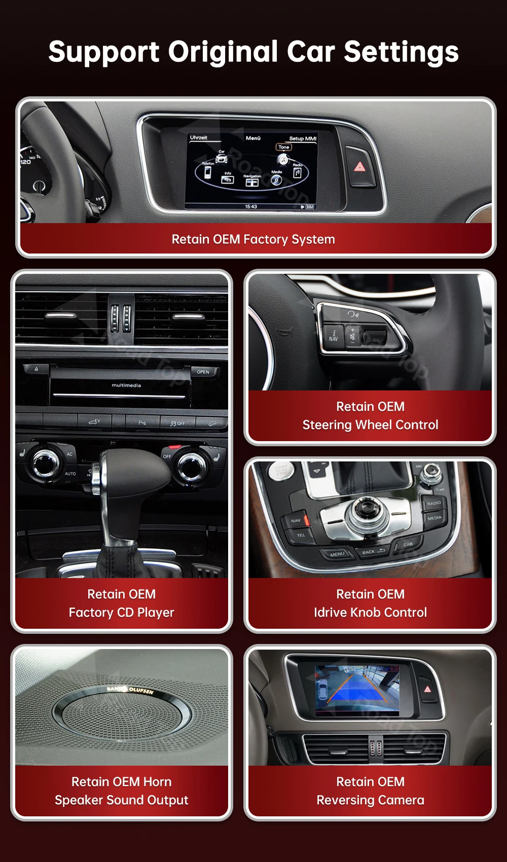 DE RoadTop 12.3 Kabelloses CarPlay Multimedia Android Auto Ultra-dünner Touchscreen Für Audi Q5 2009-2017 MMI 3G Airplay Autolink – Detail 9