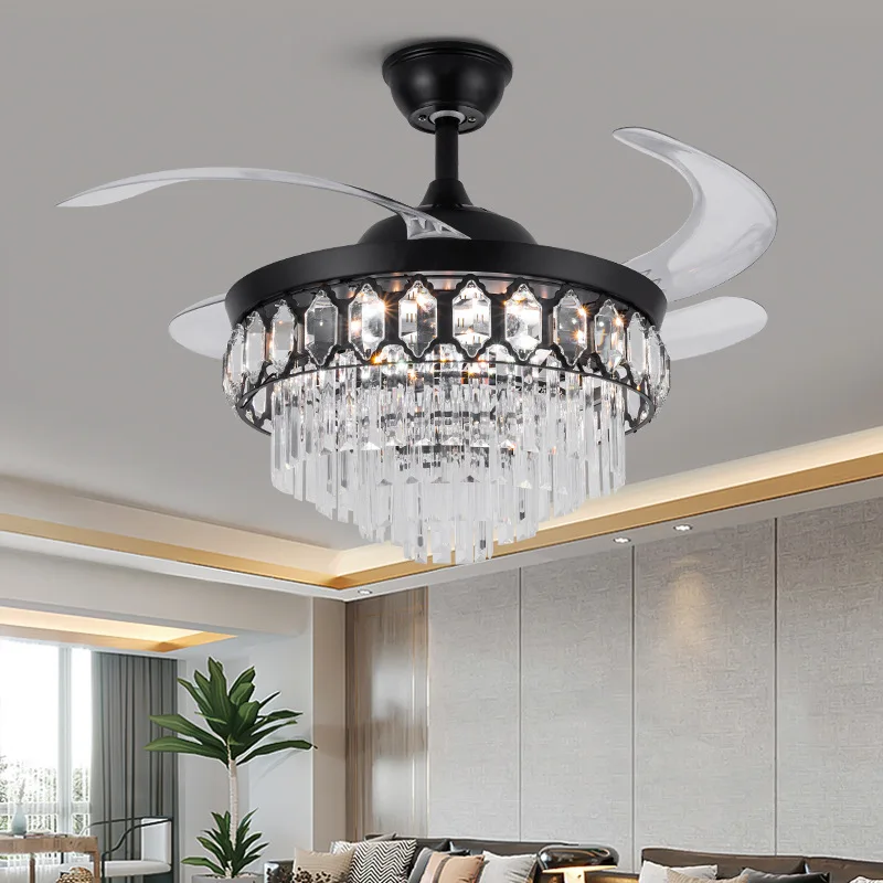 

Ceiling Fan With Light 42 Inch Luxury Crystal Modern Invisible Fan Lamp Living Room LED Chandelier Light Electric Fan DC Motor