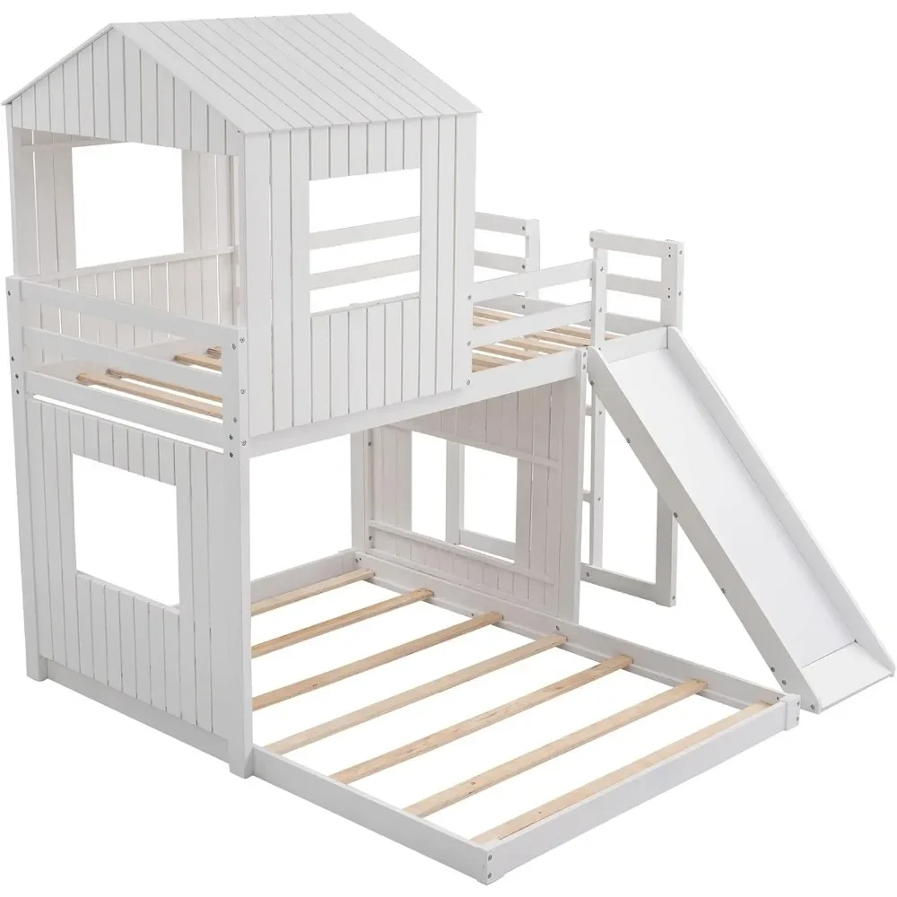 Floor Bunk Beds with Slide, Wooden Twin Over Full Bunk Beds with Slide, Roof and Guard Rail for Kids, Teens, No Box Spring Neede 5