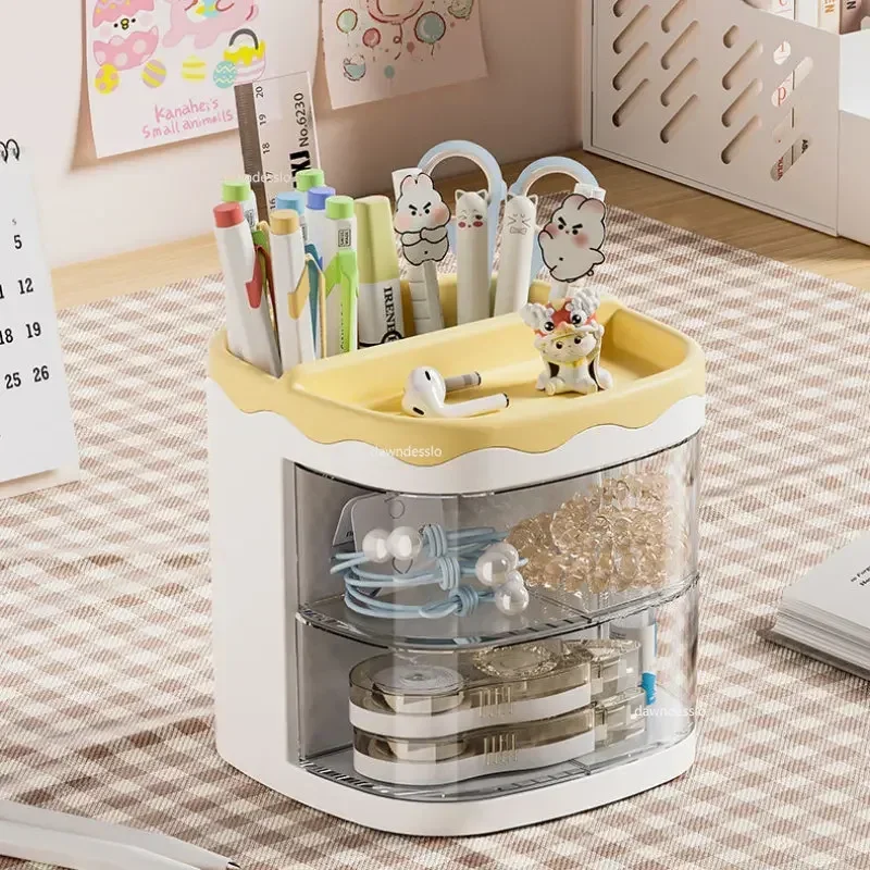 Practical Multi-Functional Desk Organizer Pen Holder Double Layers Rotating Pencils Storage Rack Student Cosmetics Storage Shelf 5
