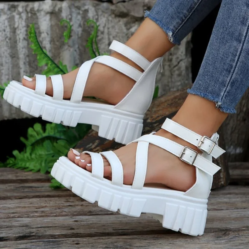 Chunky High Heels Roman Sandals for Women 2024 Summer Ankle Strap