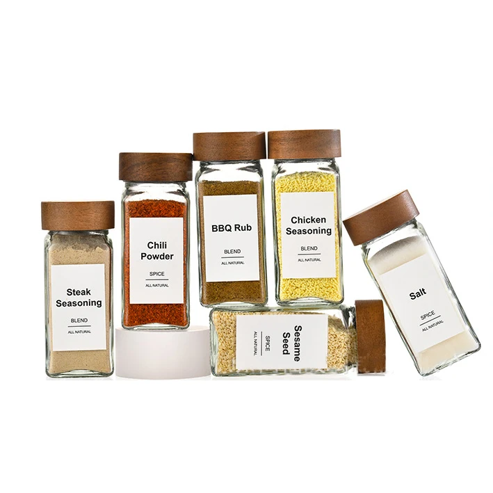 Seasoning Jar Wood Cover Glass Spice Jars Square Transparent Seasoning Storage Bottles Kitchen Salt Spices Ground Pepper Sealing Tools spices bottle,seasoning jar