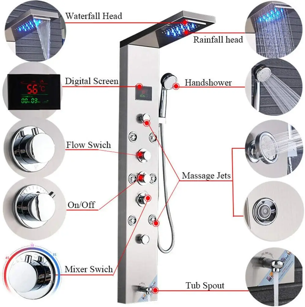 Contemporary Shower Panel Tower System Stainless Steel 6-Function Faucet LED Rainfall Waterfall Shower Head + Handheld Spray