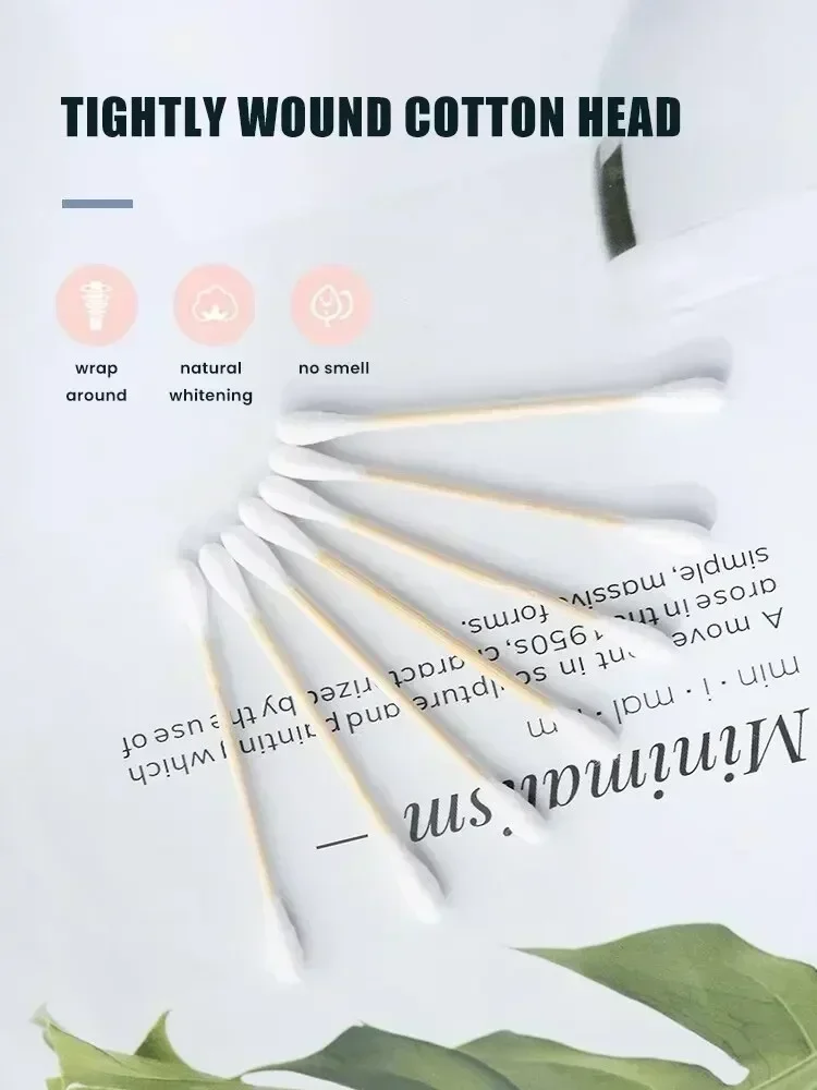100/300/500 Wattestäbchen mit Holzstäbchen, Bambus-Wattestäbchen, doppelte runde Köpfe, umweltfreundliche Wattestäbchen – Detail 10