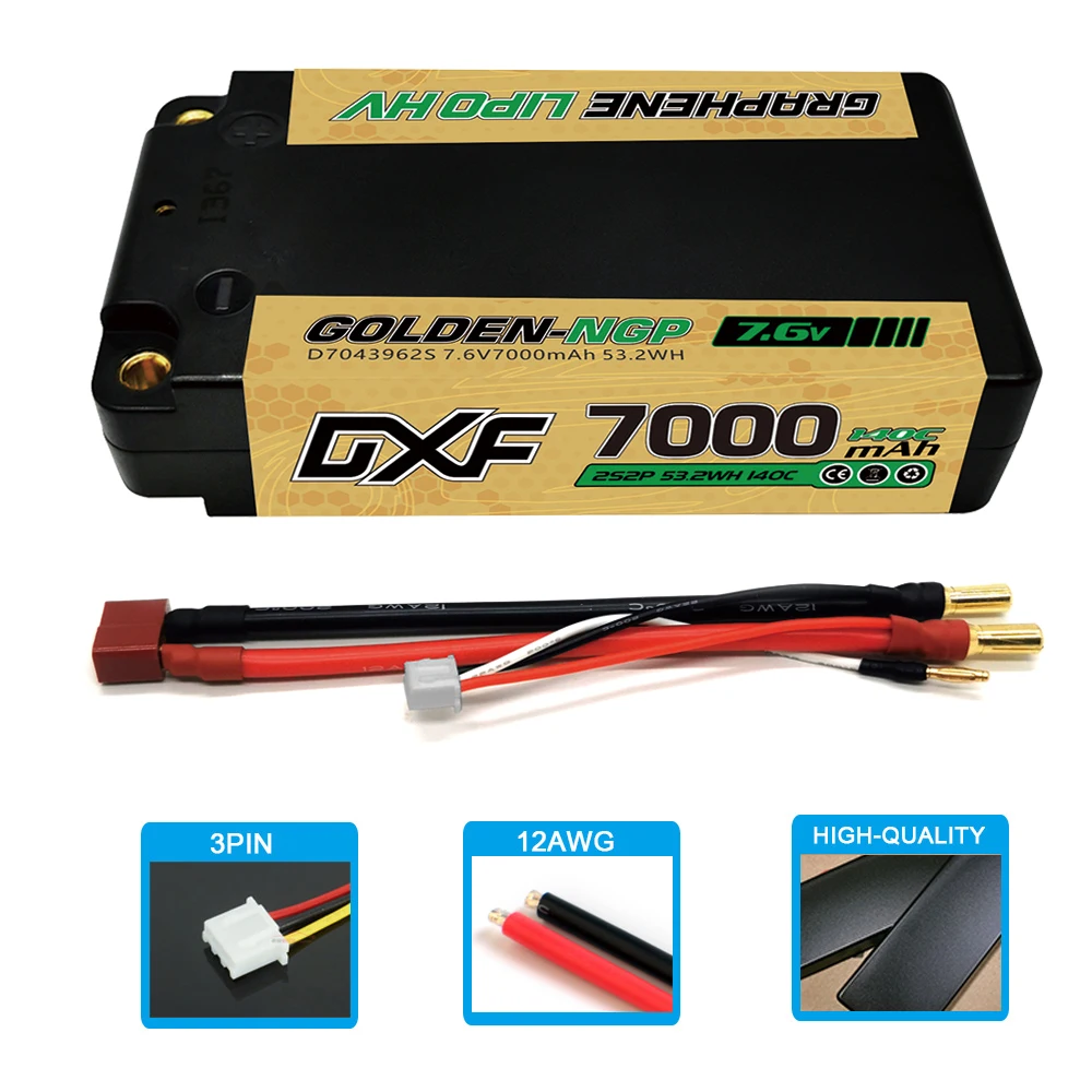 Cinq batteries LiPo 2S 7.4V 1400mAh empilées, connecteurs CT5MM en premier plan, fond neutre.