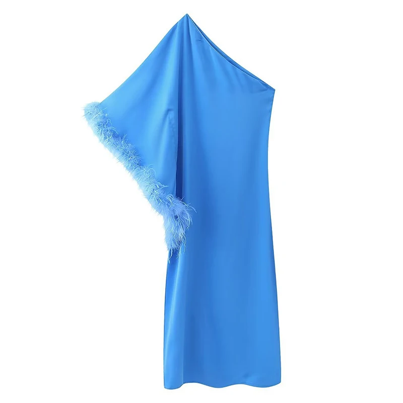 

2024 New Women Blue One Shoulder Dress Chic Loose Long Sleeve Split Long Robes Dresses Ladies Irregular Inclined Shoulder Dress
