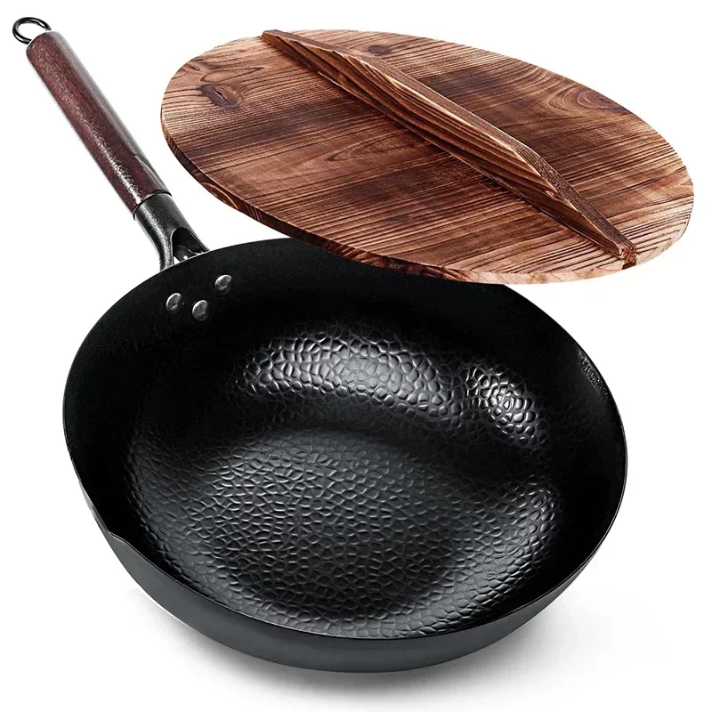 Carbon Steel Wok Pan 32cm Stir Fry Wok Set Wooden Lid Non-Stick Flat Bottom for Electric Induction and Gas Stove