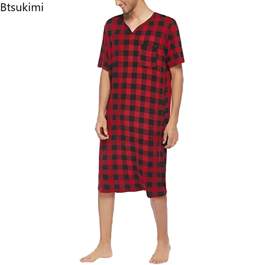 2024 Men's Casual Cotton Plaid Sleep Robe Pajamas Short Sleeve V-neck Homewear One-piece Comfortable Home Loose Bathrobe Male