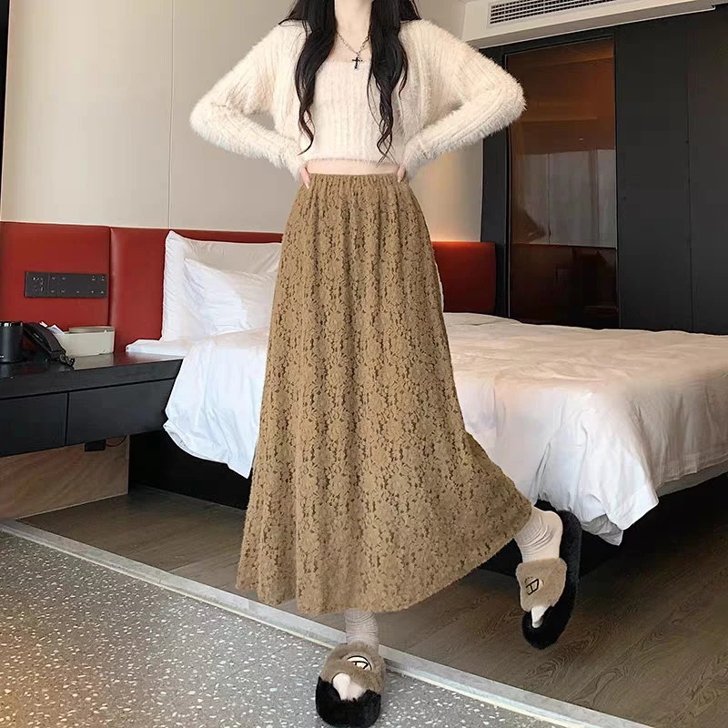 

Treutoyeu Elegance Fashion Lace Pleated Black Long Skirts for Women High Waist Patchwork A-line Polyester Skirt Korean Style