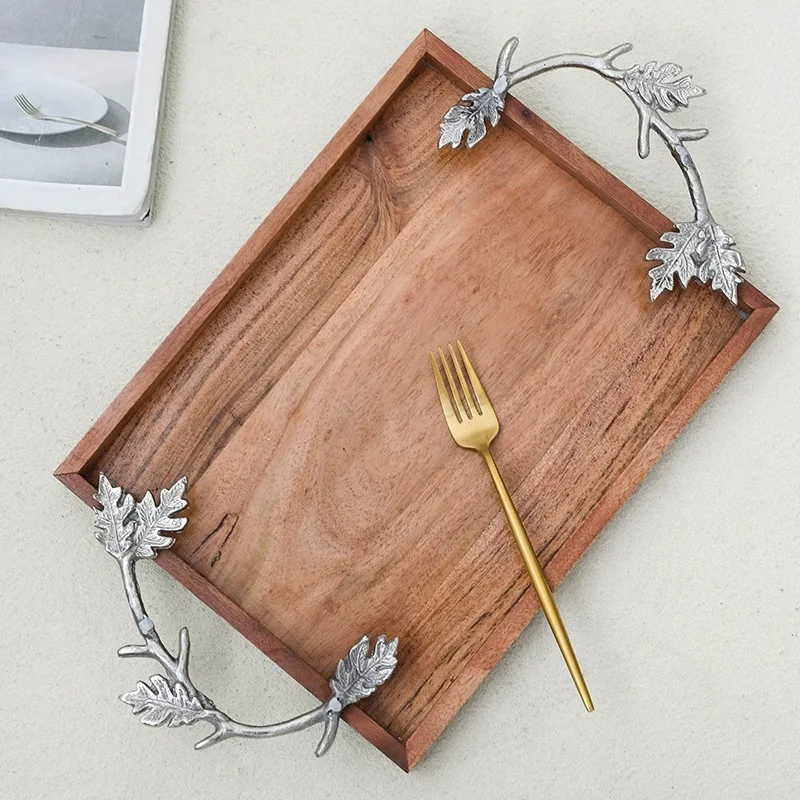 Acacia Wood Serving Tray With Aluminium Handles 42x23cm Rectangle Decorative Plate For Living Room Coffee Table Breakfast In Bed 3