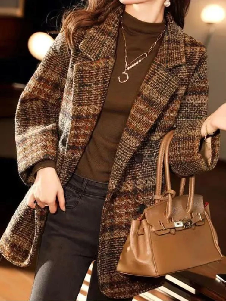 

Woolen Thicken Blazer Jacket for Women Office Ladies Autumn Winter New Fashion Warm Coats Breasted Outerwear Tweed Overcoat