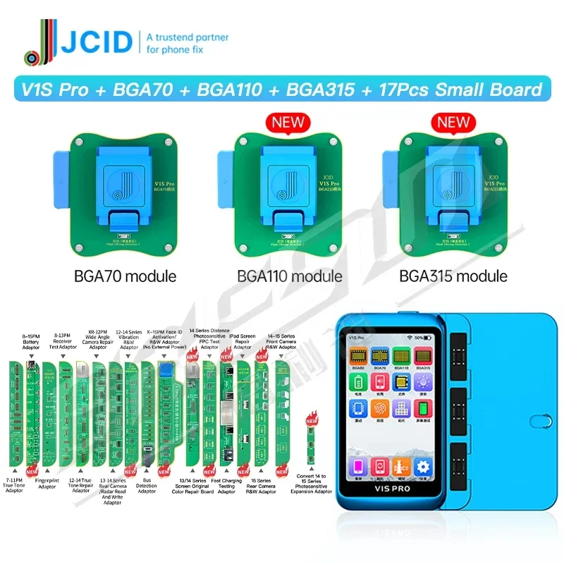 JCID V1S PRO Programmer with BGA315 BGA110 BGA70 BGA60 Socket for iPhone 6-15 Nand Flash Read Write &Format/Screen True Tone Fix chip repair tool set