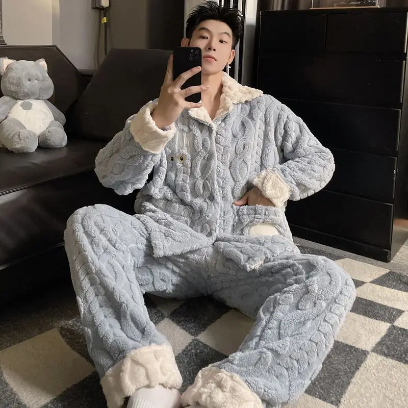 Couple Pajamas for Men Fleece Winter Sleepwear Korean Sleeping Night Wear Patchwork Pijama 2 Pcs Pant Sets Warm Pocket Home Suit