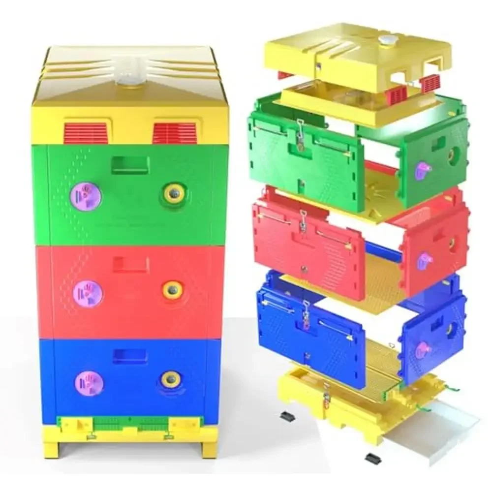 Insulated Plastic Beehive 3 Layers with Ventilated Floor Pollen Trap Thermohygrometers Frame Supports Top Feeder and PVC Board