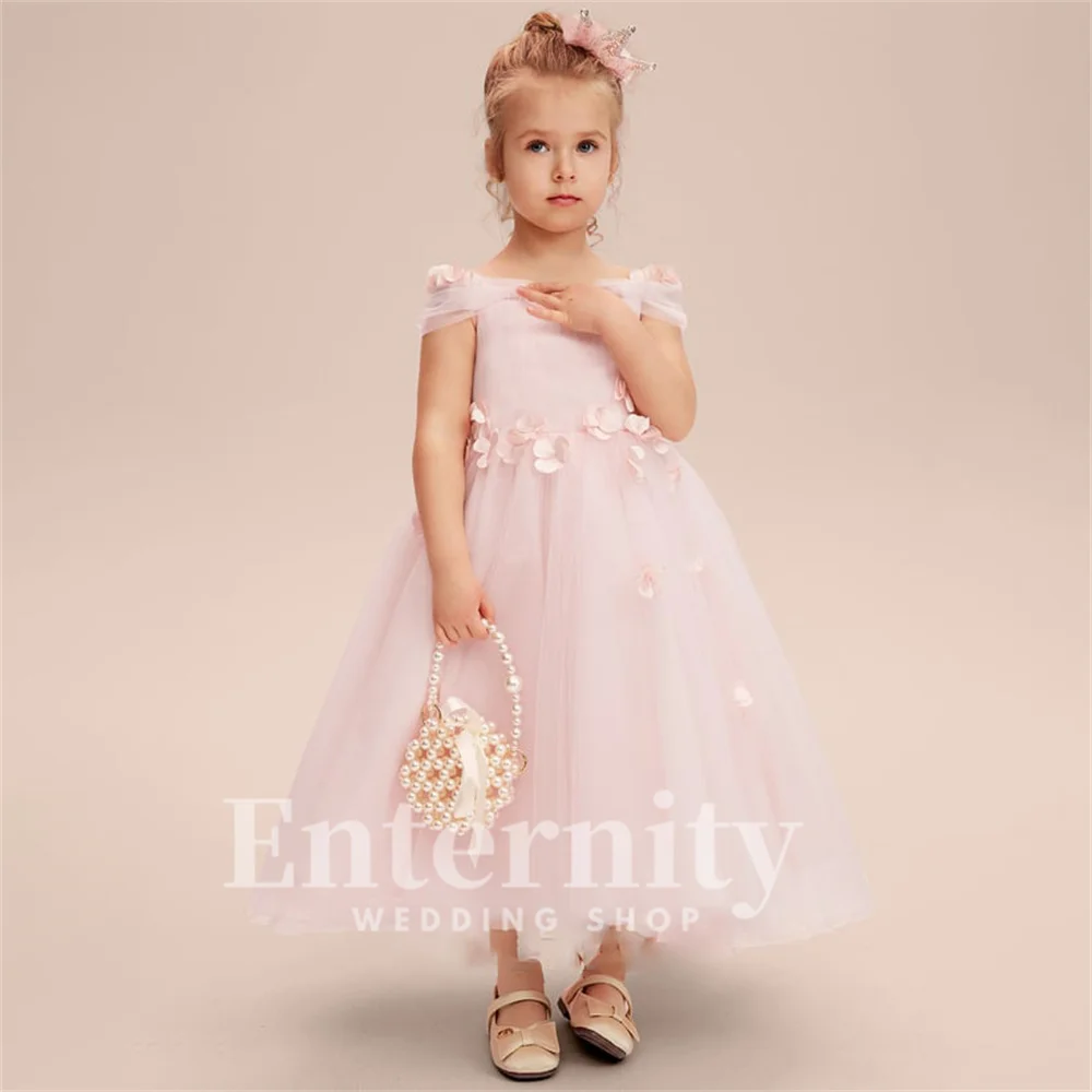 Flower Girl Dresses A Line Cold Shoulder Girls Elegant Dresses Tea-Length Tulle Flower Bow Wedding Dresses Vestidos Para Niñas