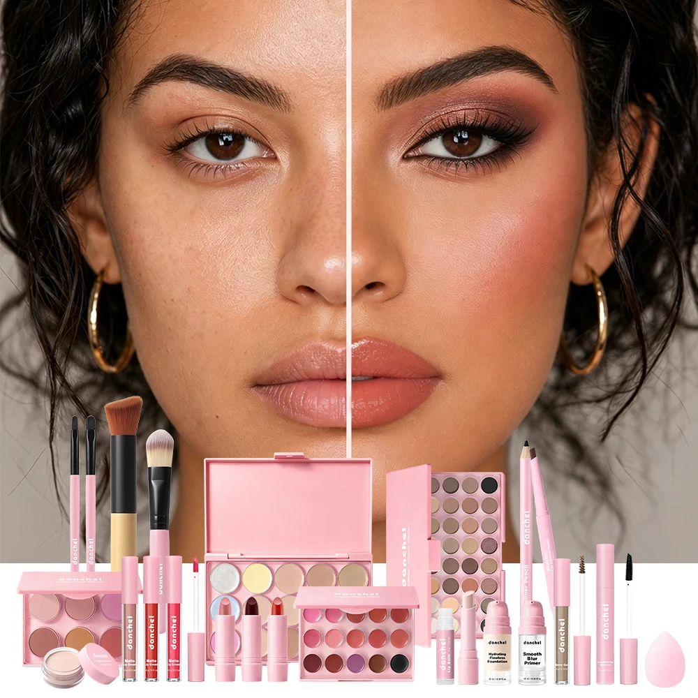 Set trucco all-in-one per viso completo: base, correttore, contorno, illuminante, palette blush, matita per sopracciglia, ombretto, kit trucco labbra - immagine 4