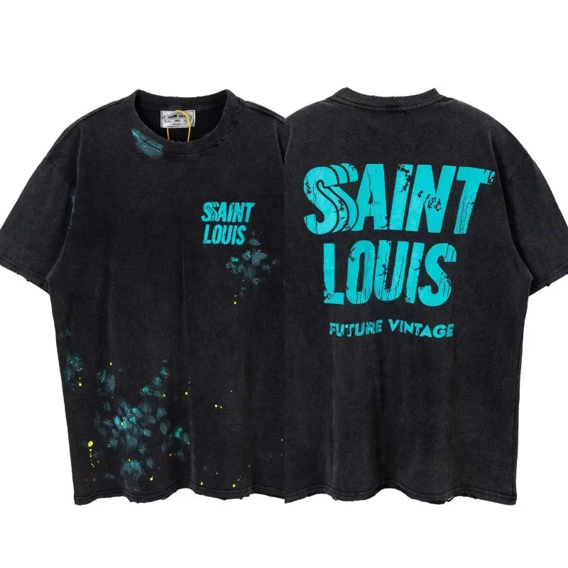 

Oversized Saint Louis Men T-Shirt 1:1 Top Quality Logo Printing Destroy Washed T Shirts Women Pure Cotton Short Sleeve