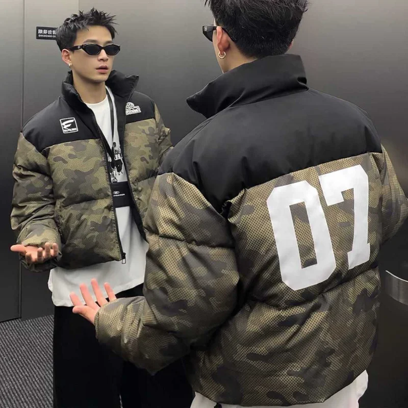 American Style Camouflage Patchwork Bread Parkas Men's Winter Cotton Padded Jacket Couple Loose Thick Warm Coats High Street