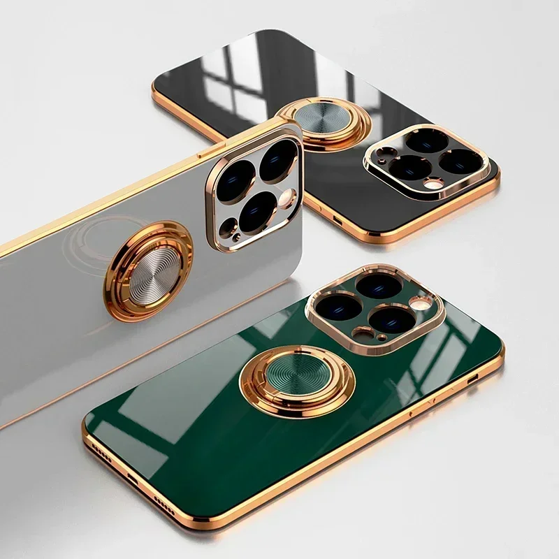 Luxury Plating Gloss Surface Silicone Phone Case with 360° Rotate Ring Holder