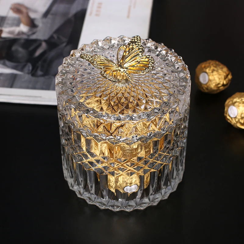 Golden Butterfly Dragonfly Crystal Glass Storage Jar Jewelry Box Sugar Bowl Household Aromatherapy Candle Bottle Glass Container 4
