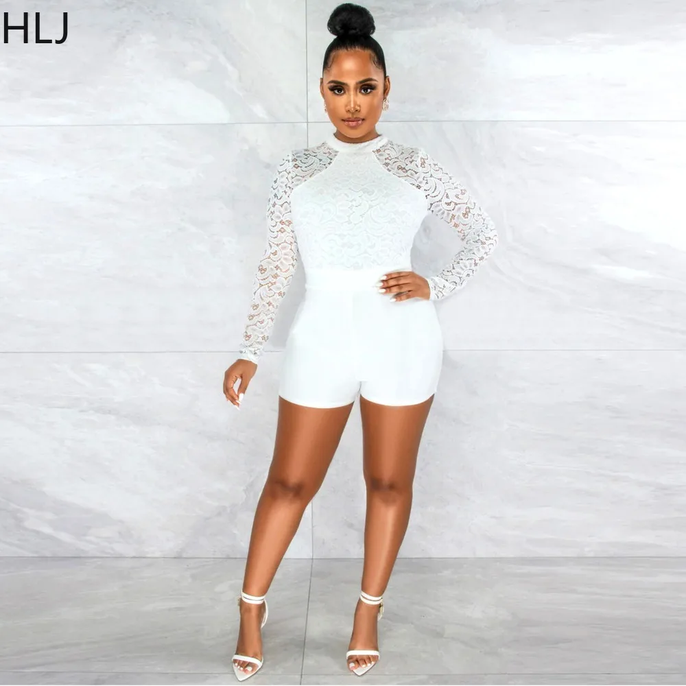HLJ Fashion Lace Splicing Bodycon Rompers Women Round Neck Long Sleeve Slim Jumpsuits Female Solid Color Party Club Playsuits