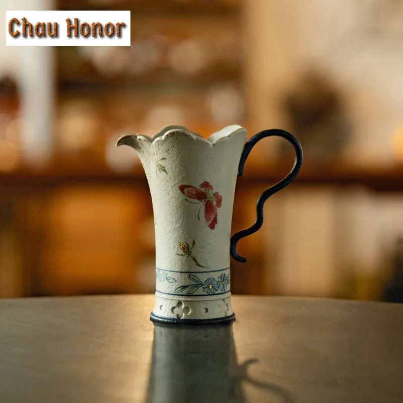 140ml Blue And White Flint Red Tea Pitcher Handmade Gold Drawing Butterfly Orchid Cha Hai Justice Cup Tea Ceremony Accessories