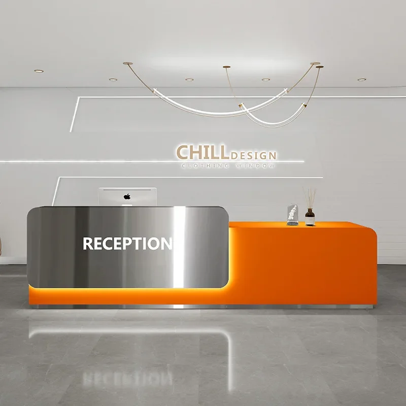 Metal Stainless Steel Office Checkout Counter Hotel Office Furniture Work Front Desk Reception Salon Reception Desk With Cabinet