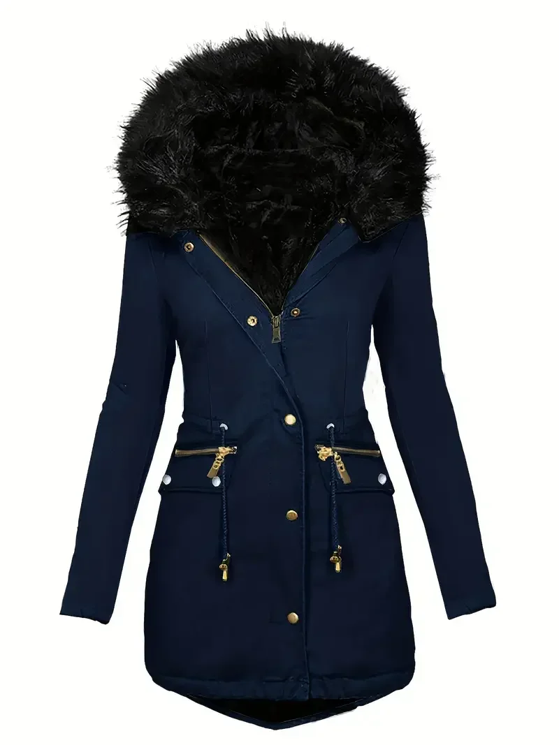 Stylish Faux Fur Trim Parka Coat Women Clothing Zip-Up Thermal Overcoat Pocket Drawstring Hood Soft Faux Fur Lining Winter