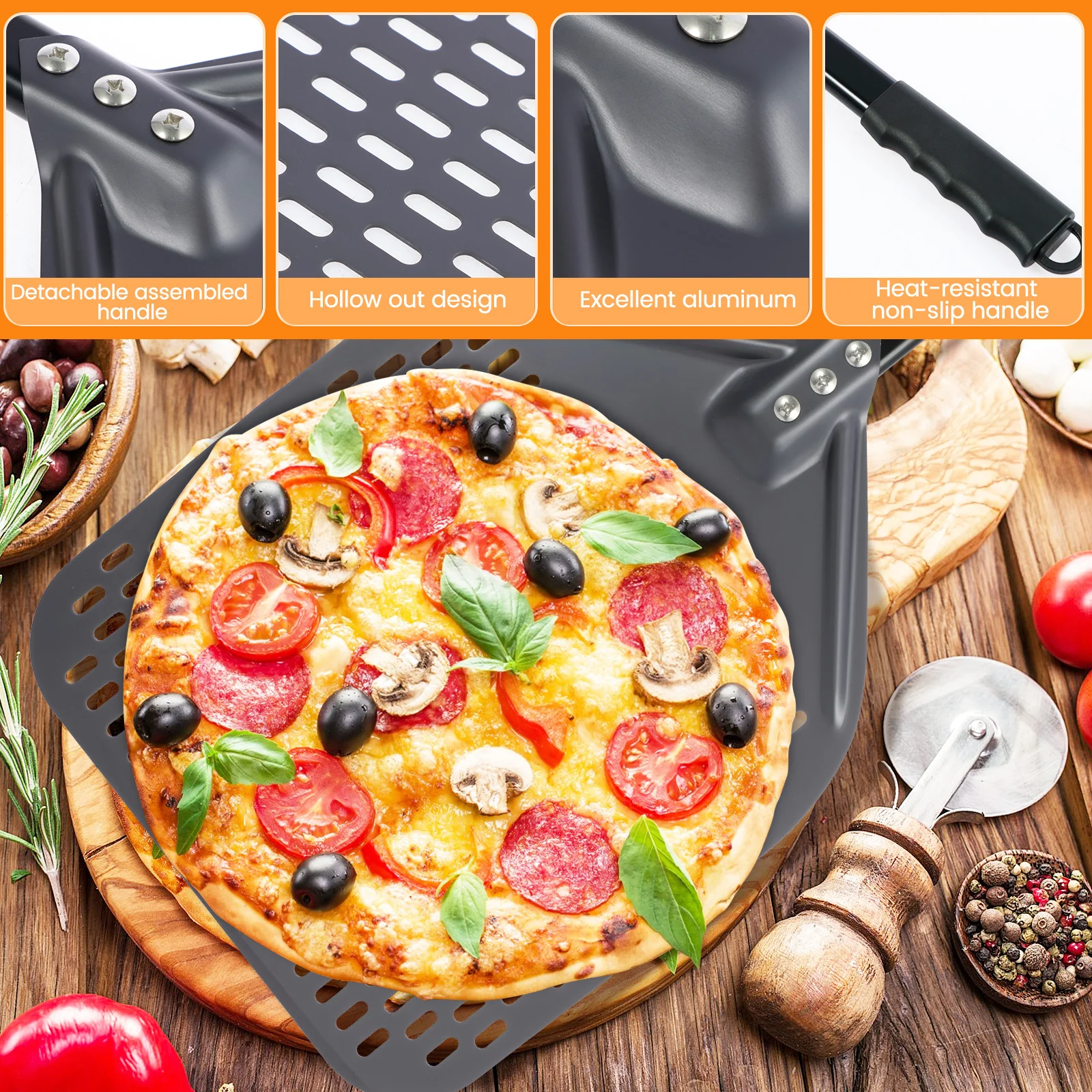 Perforated Pizza Peel 12 Inches Aluminum Pizza Paddle Nonstick Turning Peel with Anti-Scald Handle Heat Resistant