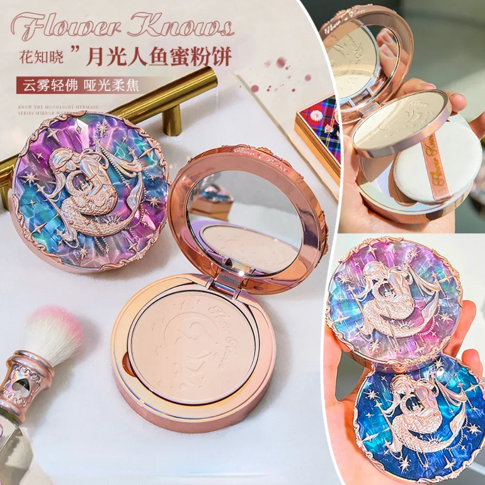 

Flower Knows Moonlight Mermaid Pressed Powder Face Makeup Setting Powder Transparent Matte Nourishing Brighten Makeup Cosmetics