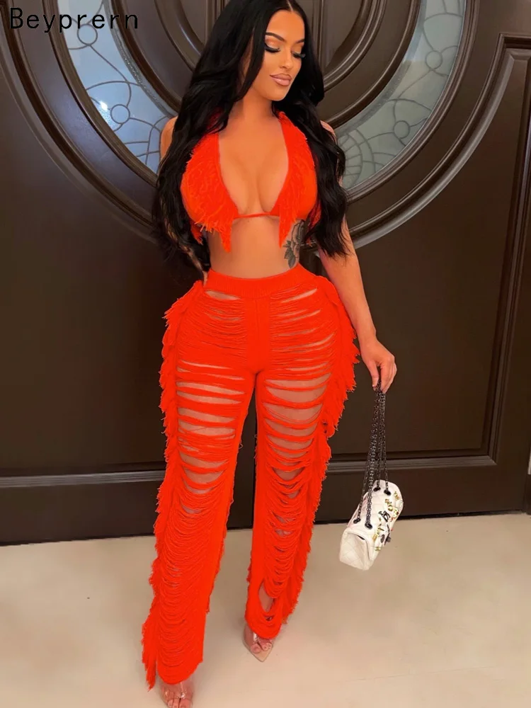 Chic Ladder Cut-out Fringe Pants Set 