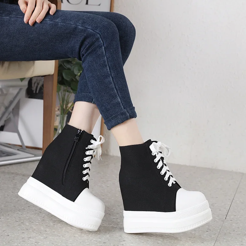 

2023 new thick-soled wedges women's shoes Korean version of the versatile high-heeled shoes increased casual Canvas shoes 15 cm