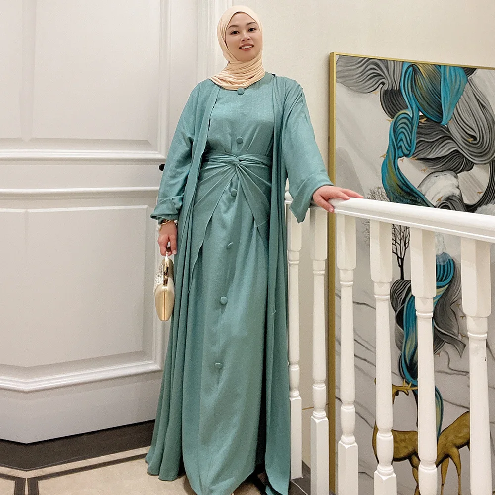 3 Piece Matching Muslim Sets Hijab Dress SolidColor Eid Abayas for Women Dubai Open Abaya Turkey Wrap Skirt African Islam Outfit